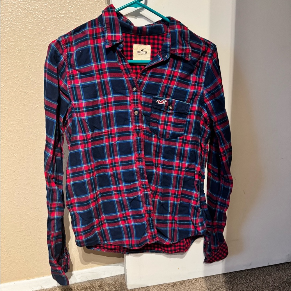 Hollister Red and Blue Casual Button Down Shirt